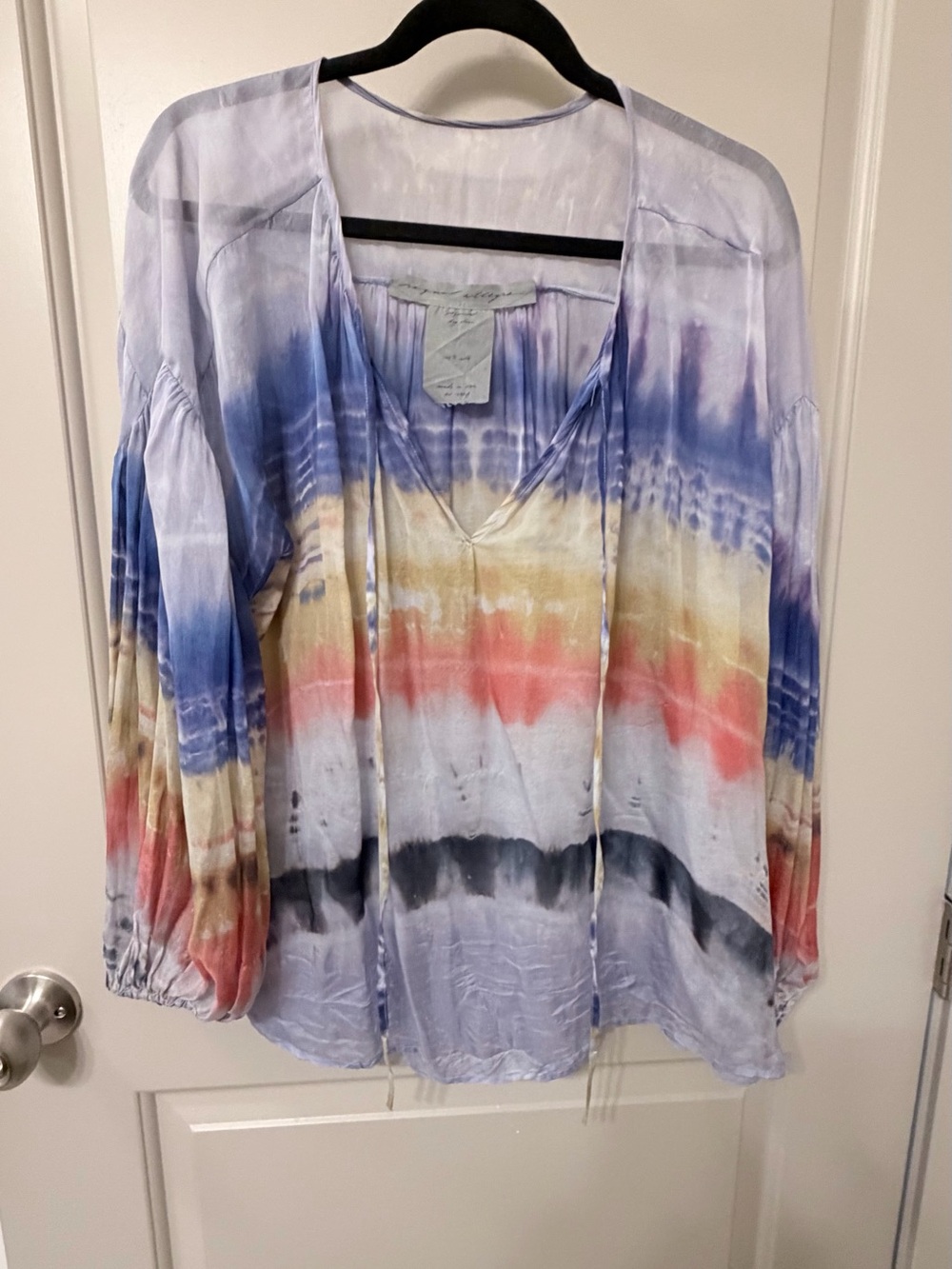 Raquel Allegra Tie-Dye Peasant Blouse in Blue, Coral, Yellow and Cream